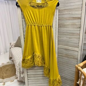 Joyfolie Mustard Dress with Lace Hem